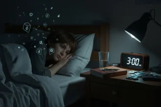 A person struggling with sleep, lying awake in bed at 3 AM, in a moody, atmospheric bedroom lit by a soft nightlight — representing sleep disorders.