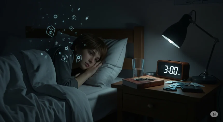 A person struggling with sleep, lying awake in bed at 3 AM, in a moody, atmospheric bedroom lit by a soft nightlight — representing sleep disorders.