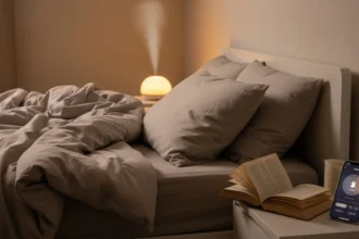 A cozy, optimized bedroom setup with warm lighting, a diffuser, and sleep-friendly elements symbolizing effective sleep hacks.