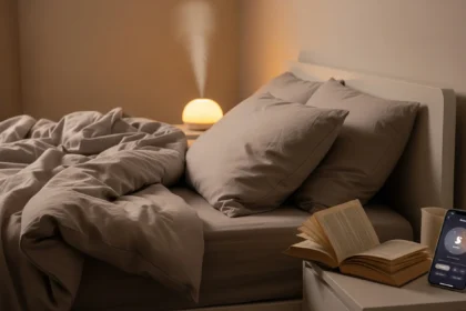 A cozy, optimized bedroom setup with warm lighting, a diffuser, and sleep-friendly elements symbolizing effective sleep hacks.