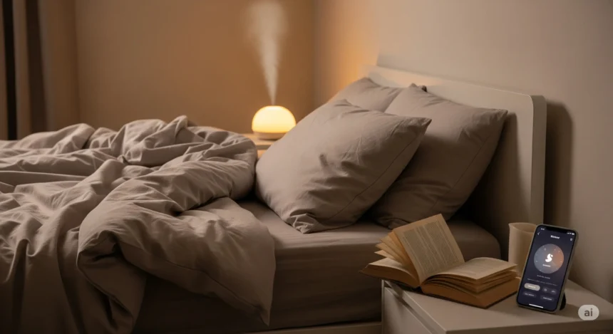 A cozy, optimized bedroom setup with warm lighting, a diffuser, and sleep-friendly elements symbolizing effective sleep hacks.