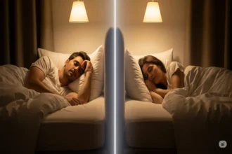 Couple sleeping separately in a shared room with peaceful expressions