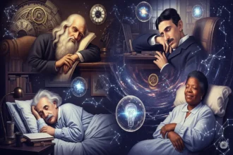 Famous geniuses like Einstein and Da Vinci shown sleeping with floating clocks and dream symbols