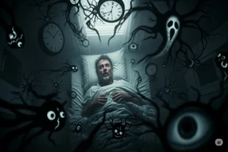 Person lying awake surrounded by dark dream-like shadows and ticking clocks