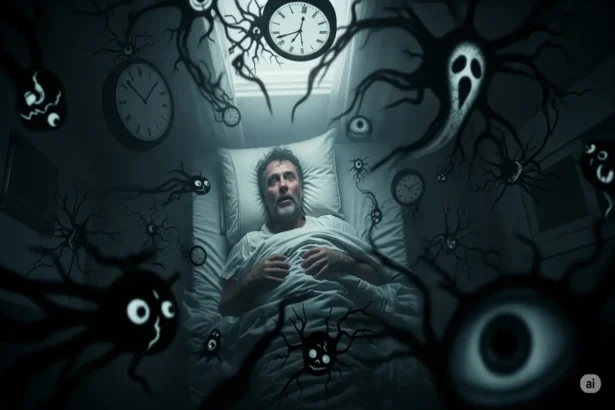 Person lying awake surrounded by dark dream-like shadows and ticking clocks