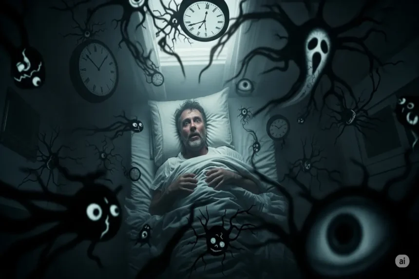 Person lying awake surrounded by dark dream-like shadows and ticking clocks