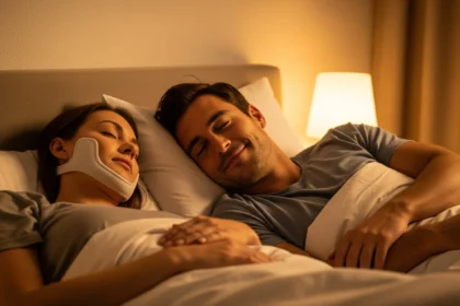 Couple sleeping peacefully with one wearing a discreet anti-snore device