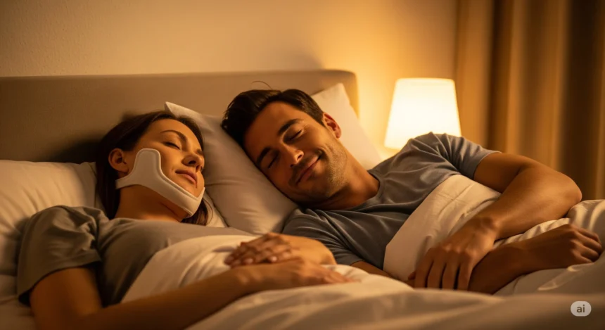 Couple sleeping peacefully with one wearing a discreet anti-snore device
