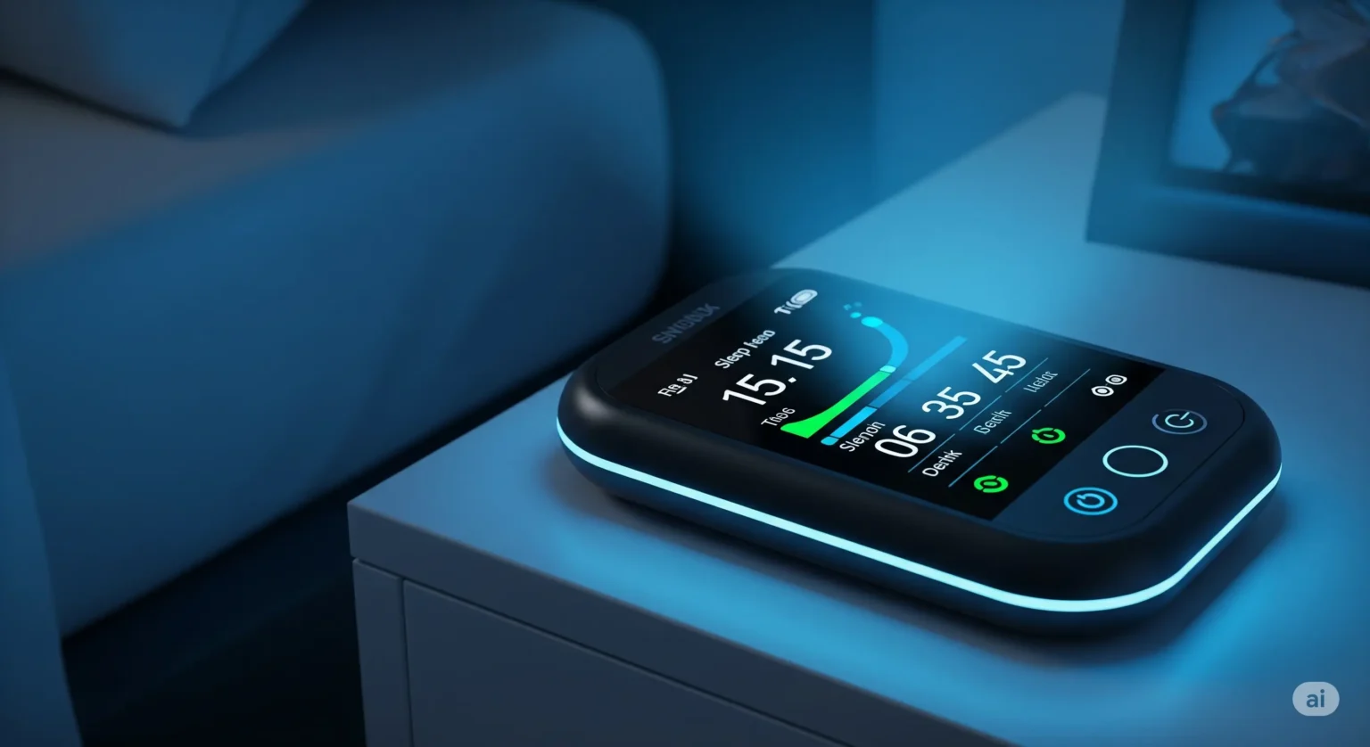 smart sleep tracker glowing on bedside table