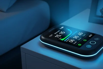 smart sleep tracker glowing on bedside table