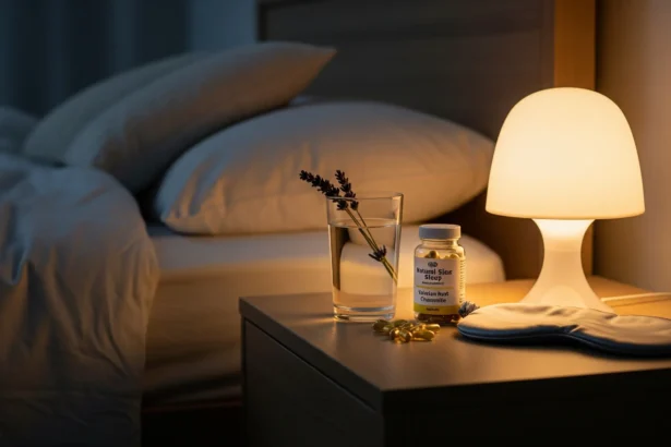 Natural sleep supplement bottle on bedside table with water and lavender