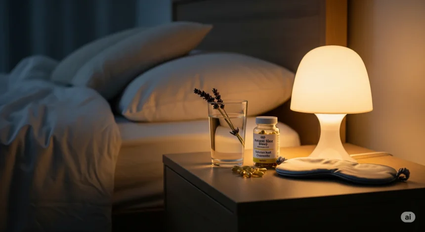 Natural sleep supplement bottle on bedside table with water and lavender