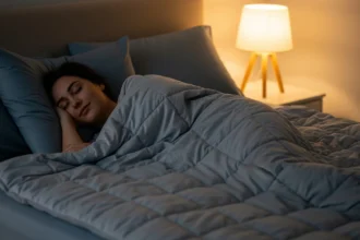 Person peacefully sleeping under a soft weighted blanket in a cozy, warmly lit bedroom