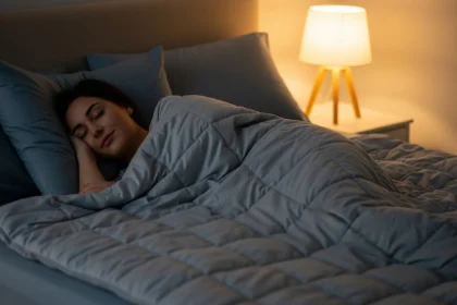 Person peacefully sleeping under a soft weighted blanket in a cozy, warmly lit bedroom