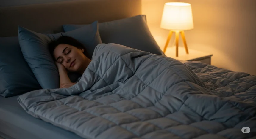 Person peacefully sleeping under a soft weighted blanket in a cozy, warmly lit bedroom