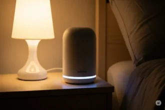 White noise sound machine on nightstand in a cozy dimly lit bedroom