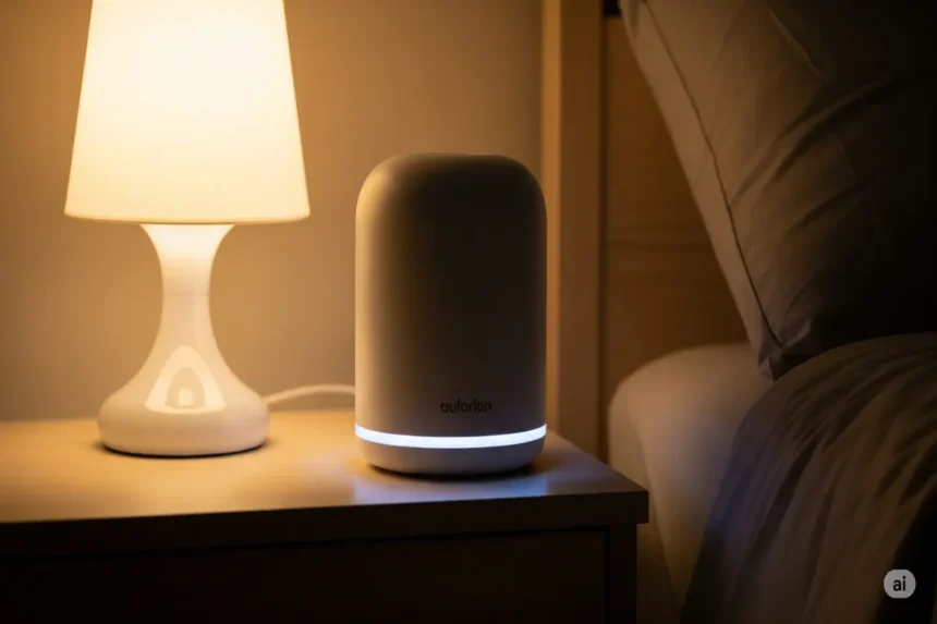 White noise sound machine on nightstand in a cozy dimly lit bedroom