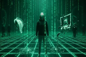 Person caught in a digital dreamscape, blending surreal dreams with Matrix-like code