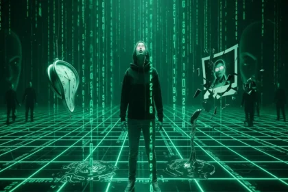 Person caught in a digital dreamscape, blending surreal dreams with Matrix-like code