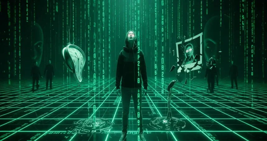 Person caught in a digital dreamscape, blending surreal dreams with Matrix-like code