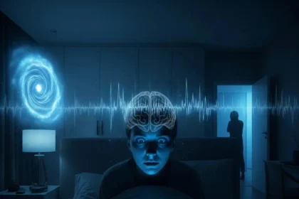 A cinematic image of a person wide awake in bed at 2:00 AM, illuminated by the eerie blue glow of a digital clock, with subtle dreamlike elements in the shadows suggesting subconscious activity or a hidden force at work.