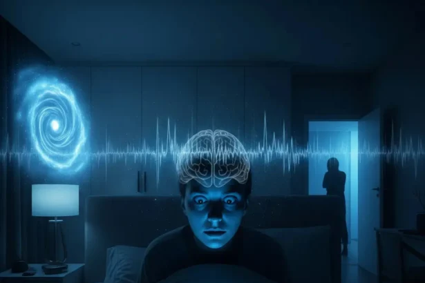 A cinematic image of a person wide awake in bed at 2:00 AM, illuminated by the eerie blue glow of a digital clock, with subtle dreamlike elements in the shadows suggesting subconscious activity or a hidden force at work.