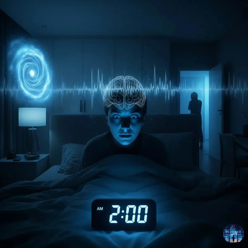 A cinematic image of a person wide awake in bed at 2:00 AM, illuminated by the eerie blue glow of a digital clock, with subtle dreamlike elements in the shadows suggesting subconscious activity or a hidden force at work.