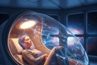 A highly realistic, cinematic image of a person resting inside a glowing NASA-style sleep pod with neural patterns and space elements in the background, representing advanced sleep science and mental clarity.