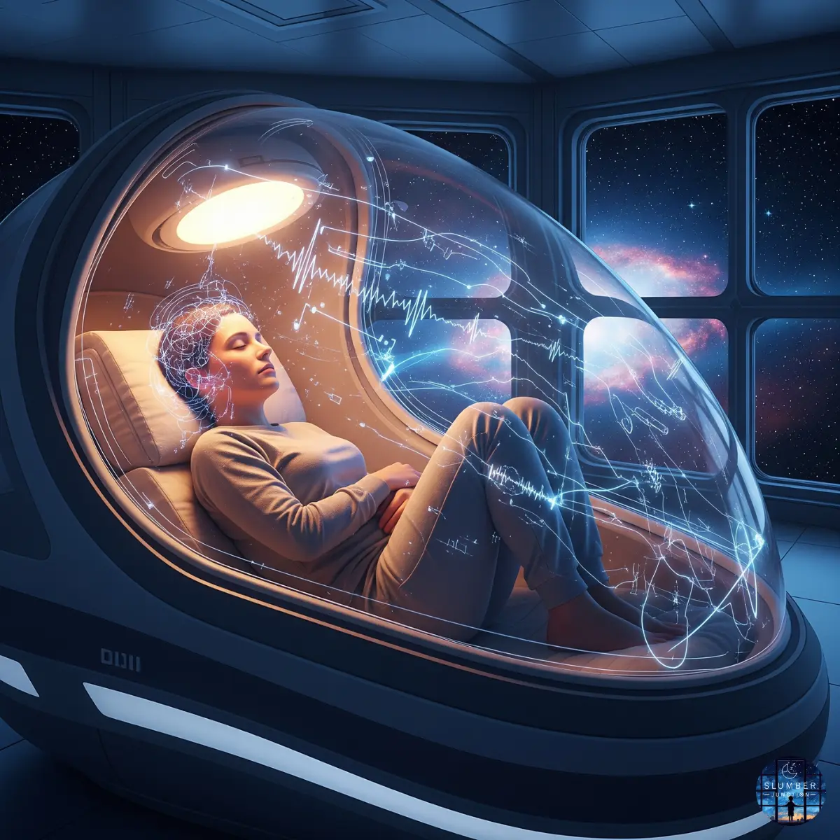A highly realistic, cinematic image of a person resting inside a glowing NASA-style sleep pod with neural patterns and space elements in the background, representing advanced sleep science and mental clarity.