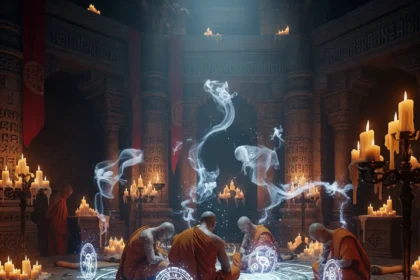 A cinematic image of an ancient monk in deep meditative sleep inside a candle-lit temple, surrounded by mystical symbols and glowing spiritual energy, evoking a lost ritual of forbidden sleep wisdom.