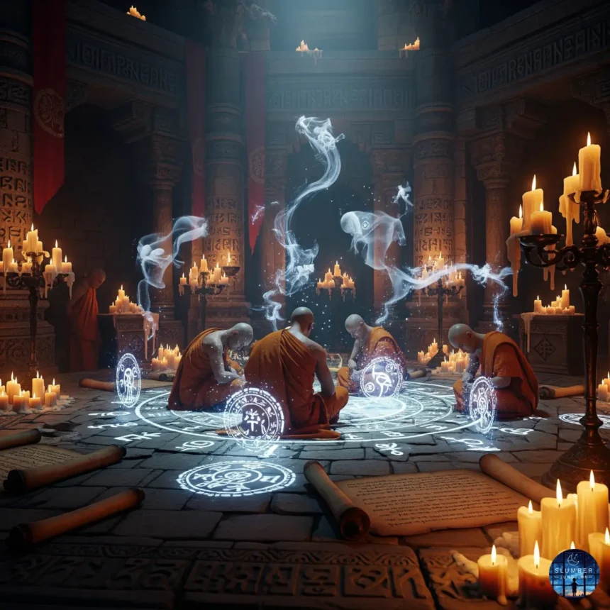 A cinematic image of an ancient monk in deep meditative sleep inside a candle-lit temple, surrounded by mystical symbols and glowing spiritual energy, evoking a lost ritual of forbidden sleep wisdom.