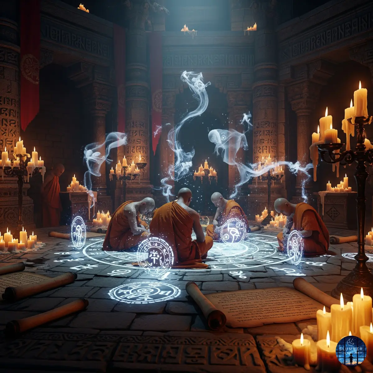 A cinematic image of an ancient monk in deep meditative sleep inside a candle-lit temple, surrounded by mystical symbols and glowing spiritual energy, evoking a lost ritual of forbidden sleep wisdom.