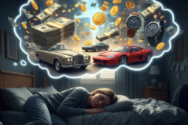 A cinematic image showing a person dreaming of wealth—floating money, gold, and luxury—while lying in a modest room with visible signs of financial stress, representing the gap between dream and reality.