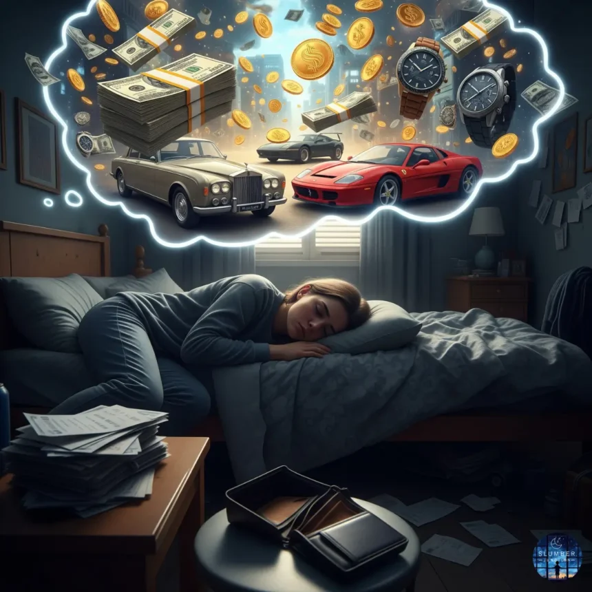 A cinematic image showing a person dreaming of wealth—floating money, gold, and luxury—while lying in a modest room with visible signs of financial stress, representing the gap between dream and reality.
