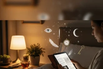 A serene night scene of a person reading in bed under moonlight, with glowing dream symbols like stars and moons floating around, representing new articles on sleep and dream discoveries.