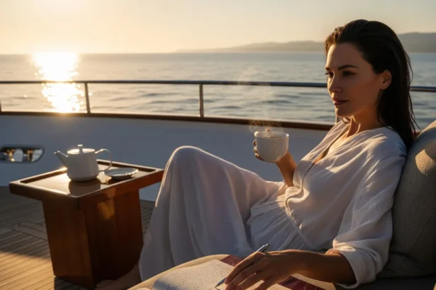 A cinematic image of a woman relaxing on the deck of a luxury yacht at sunrise, journaling in a leather-bound dream journal, with ocean views and soft golden light symbolizing success and clarity.