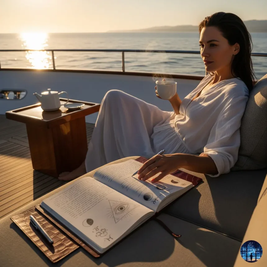 A cinematic image of a woman relaxing on the deck of a luxury yacht at sunrise, journaling in a leather-bound dream journal, with ocean views and soft golden light symbolizing success and clarity.